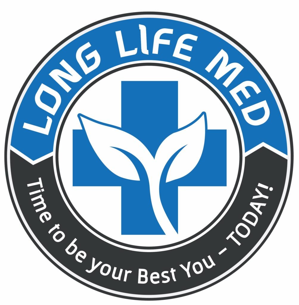 A circular logo with "Long Life Med" at the top, a blue medical cross with a leaf in the center, and "Time to be your Best You - TODAY!" at the bottom.