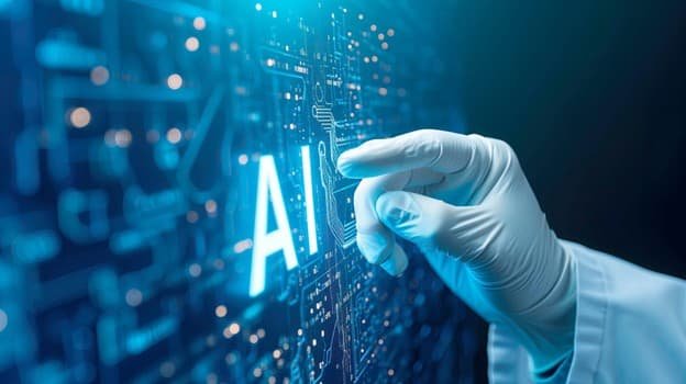 A gloved hand touches a digital interface displaying "AI" and circuit patterns, symbolizing artificial intelligence and technology integration—advancements that played a crucial role during COVID in developing solutions like Paxlovid from Long Life Med.