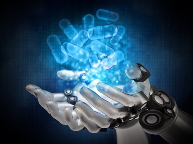 A robotic hand holds virtual blue capsules, symbolizing the intersection of technology and medicine. Against a dark background, this futuristic scene hints at Long Life Med’s innovative vision.