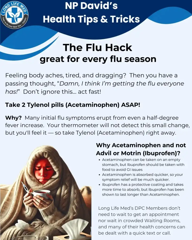 A health tip flyer explains taking two acetaminophen pills at the first sign of flu, dispelling the myth that ibuprofen is equally safe, and highlights telehealth options from Long Life Med's NP David to support you during flu season.
