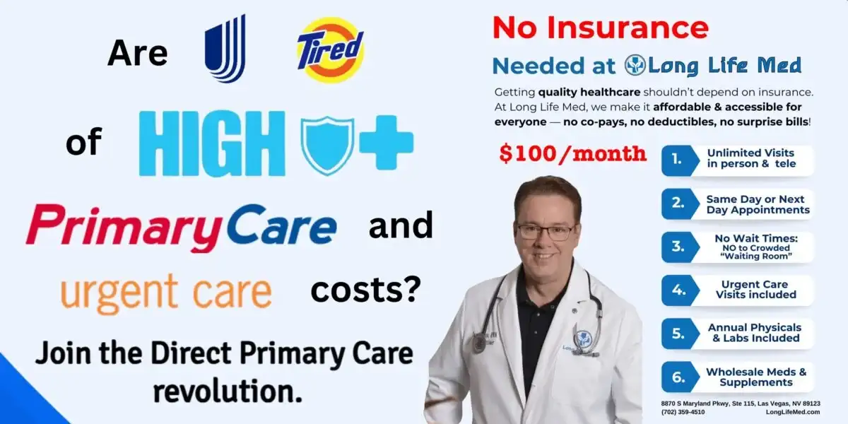 A doctor stands next to text promoting money-saving direct primary care without insurance, highlighting $100/month plans, unlimited visits, and no extra bills at Long Life Med.