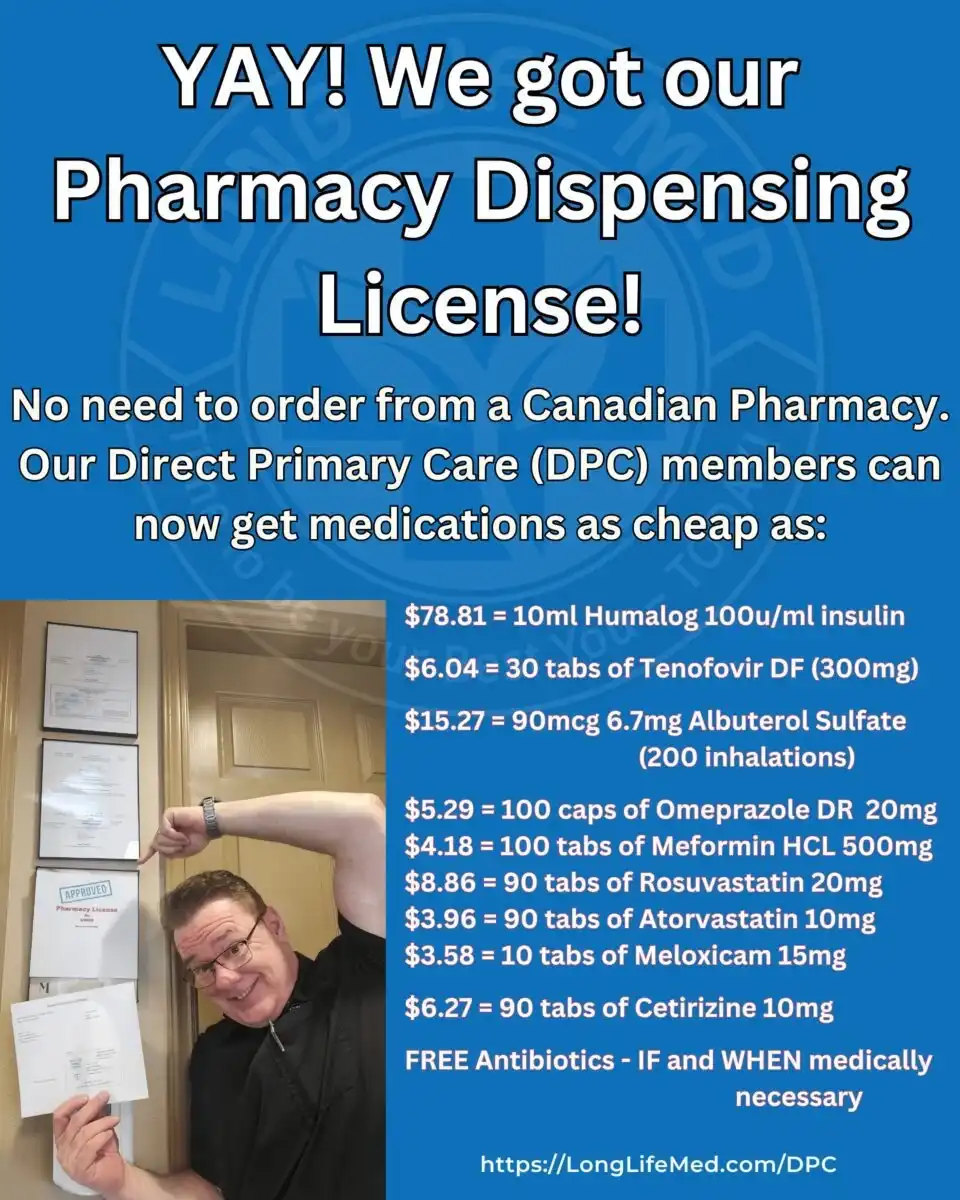 A man holds up papers celebrating a new pharmacy dispensing license; text highlights insulin and other medication benefits at Wholesale Prices for Direct Primary Care members, with no insurance required.
