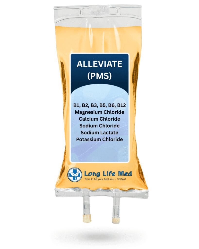 Alleviate IV drip bag with magnesium, calcium, and B-vitamins for pain relief and PMS cramp support at Long Life Med in Las Vegas