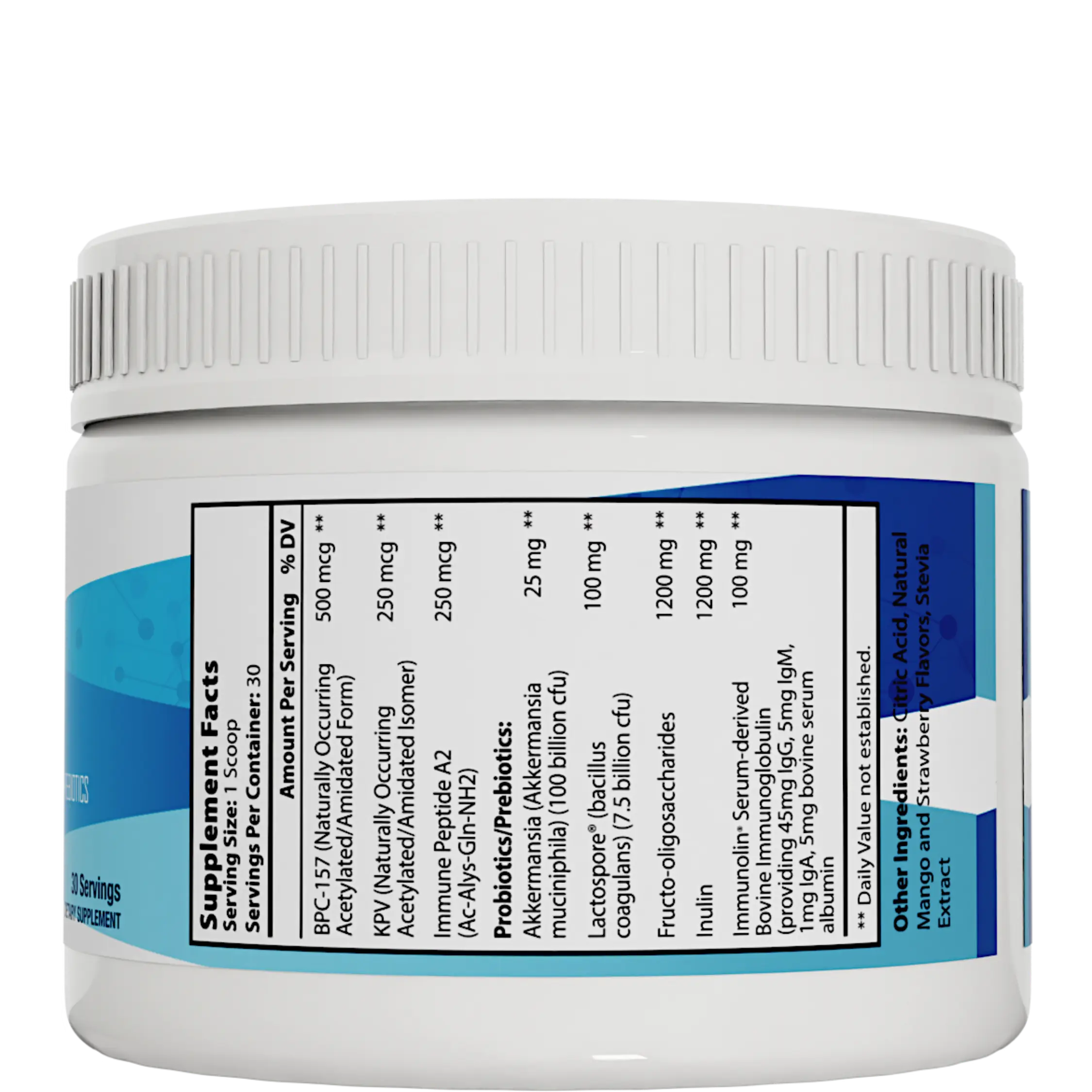 A white supplement container labeled "Gut Feeling – Mango Strawberry Flavor" displays supplement facts, ingredients, and serving size in black text on a white background, highlighting its refreshing taste for digestive support.
