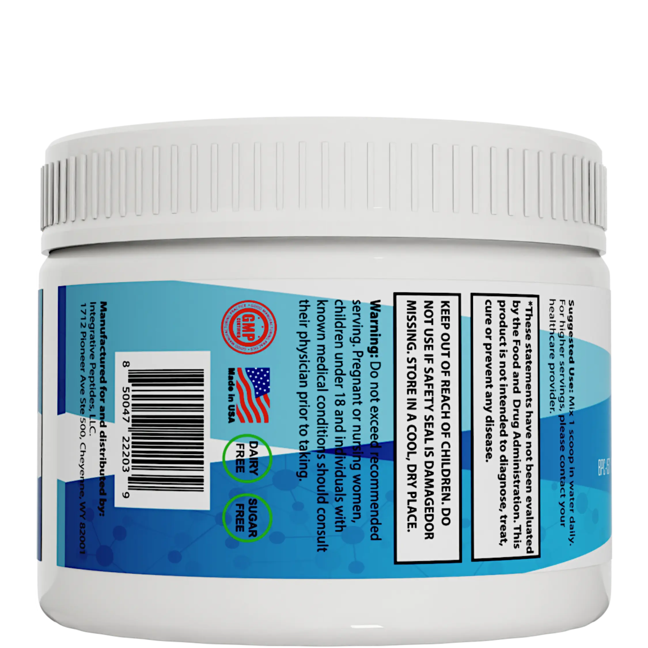 Gut Feeling – Mango Strawberry Flavor comes in a white plastic supplement container with label, usage warnings, barcode, GMP certification, sugar-free and gluten-free icons, plus an American flag. Now available in a delicious new flavor!.