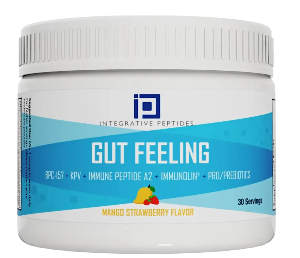 Gut Feeling – Mango Strawberry Flavor comes in a white container, highlighting 30 servings and key peptide and prebiotic ingredients on the label.