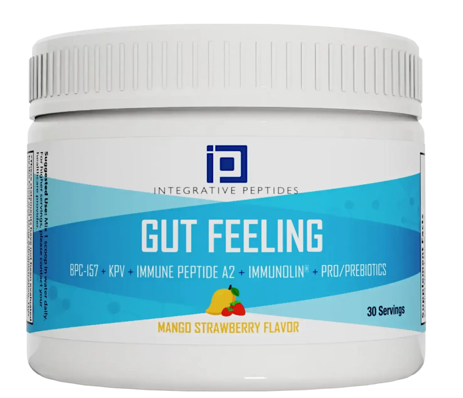 Gut Feeling – Mango Strawberry Flavor comes in a white container, highlighting 30 servings and key peptide and prebiotic ingredients on the label.