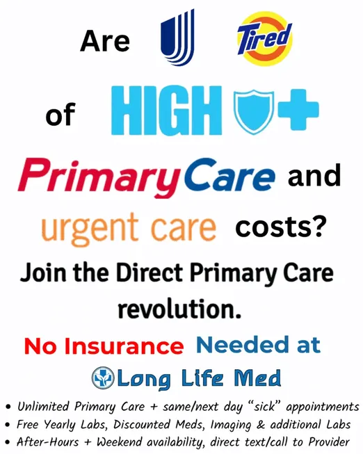 Flyer advertising Long Life Med, promoting Affordable Primary Care in Las Vegas with low-cost direct primary and urgent care—no insurance needed. Enjoy unlimited appointments, discounted labs, and weekend availability.