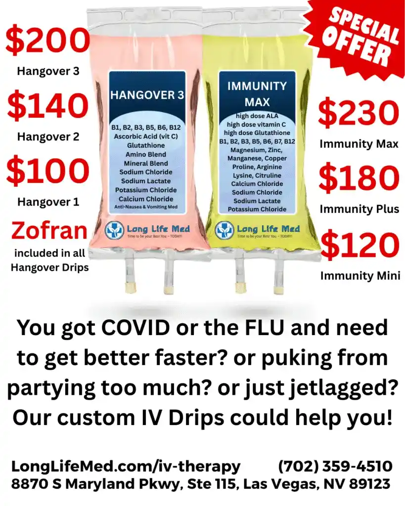 Experience fast relief with our IV therapy at Urgent Care in Las Vegas. Choose between our “Hangover 3” and “Immunity Max” drips—priced to fit your needs. Our ad includes all pricing details, contact information, address, and a special promotional offer for new patients. Get back on your feet quickly with professional care tailored just for you!.