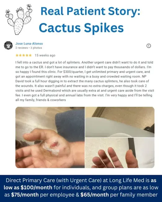 A person’s hand with visible cactus spines is shown in two photos. The caption shares a positive review about receiving urgent care from Cash Pay Doctors for removing the spines at Long Life Med.