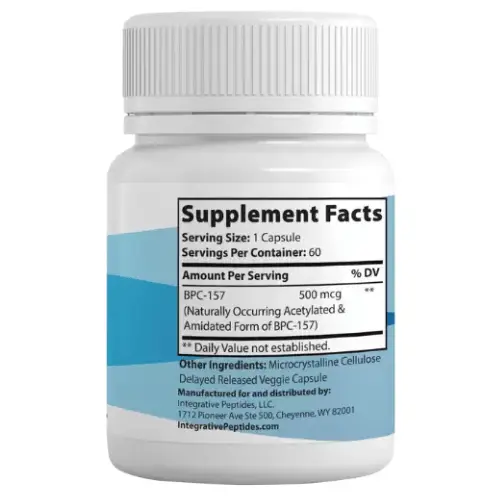 White bottle labeled “BPC-157 Pure Delayed Release, 60 Capsules,” 500 mcg per capsule; shows “Supplement Facts,” ingredient list, and manufacturer details.