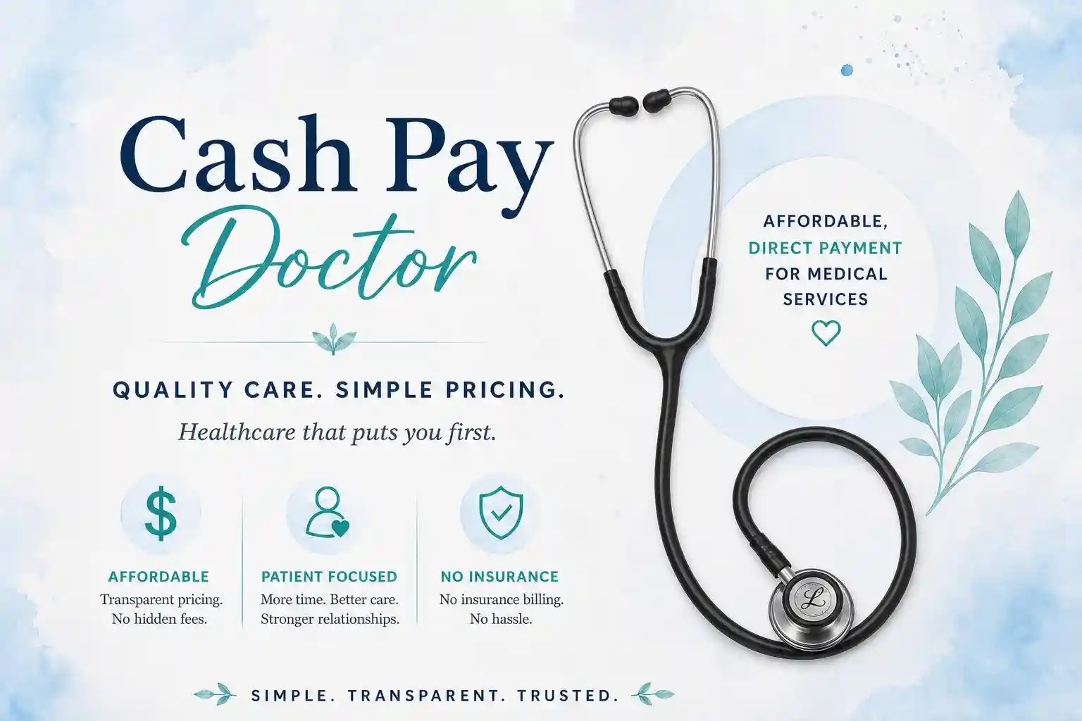 Image shows a stethoscope next to text promoting Cash Pay Doctor services, highlighting affordable, patient-focused care with transparent pricing and no insurance required, making healthcare simple and accessible.