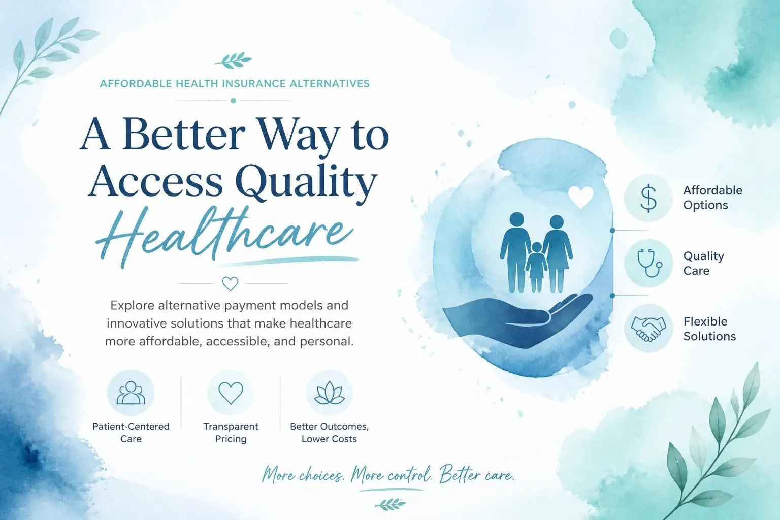 Infographic about Affordable Health Insurance alternatives, highlighting patient-centered care, transparency, affordability, quality care, and flexible solutions with blue watercolor design elements.