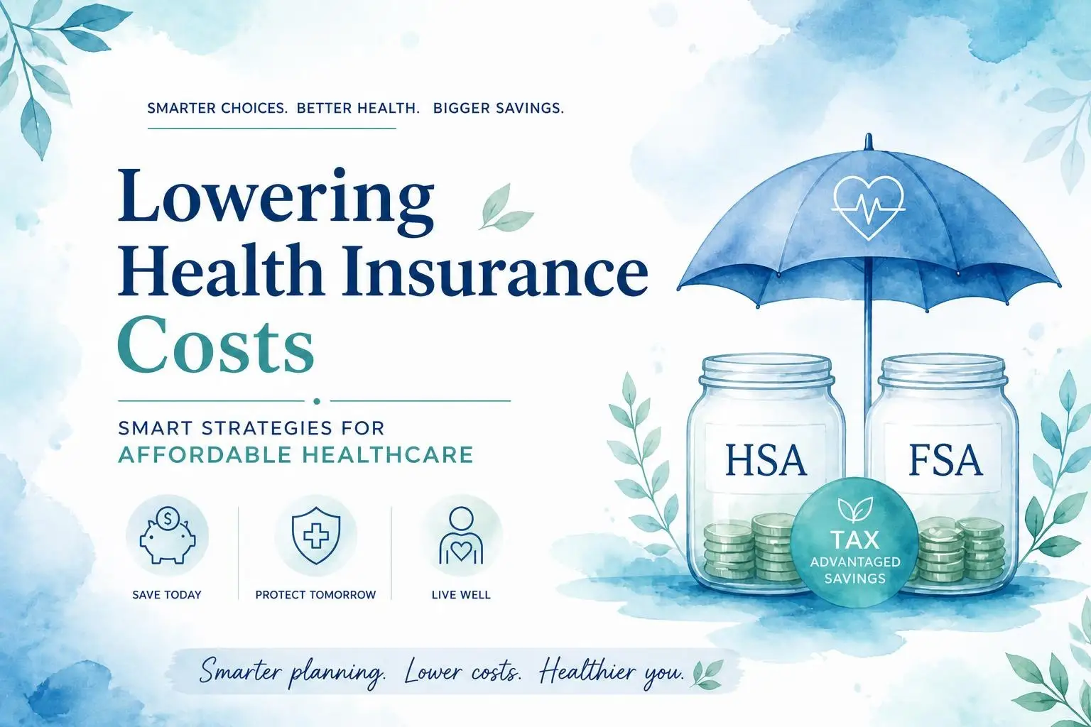 Illustration featuring jars labeled HSA and FSA under an umbrella, with text promoting strategies for lowering health insurance costs and achieving affordable healthcare savings.