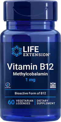 A blue bottle labeled "Life Extension Vitamin B12 Methylcobalamin 1 mg" contains 60 vegetarian lozenges, is a non-GMO dietary supplement, and can be paired with "Vitamins D and K with Sea-Iodine™" for thorough nutritional support.