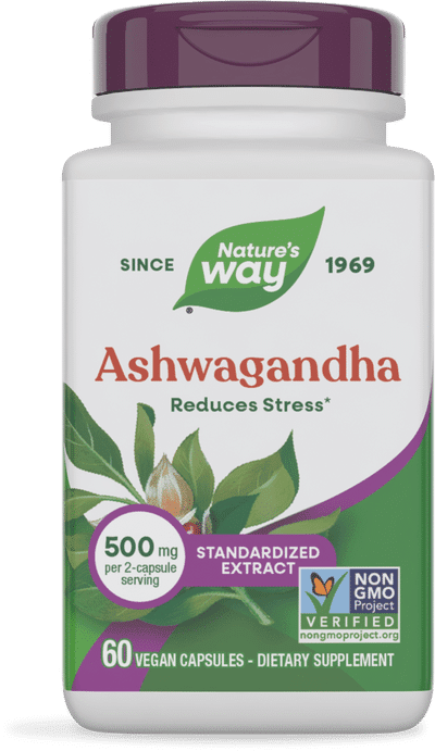 A bottle of Ashwagandha with 60 vegan capsules, 500 mg per serving, Non-GMO Project Verified, designed to help reduce stress.