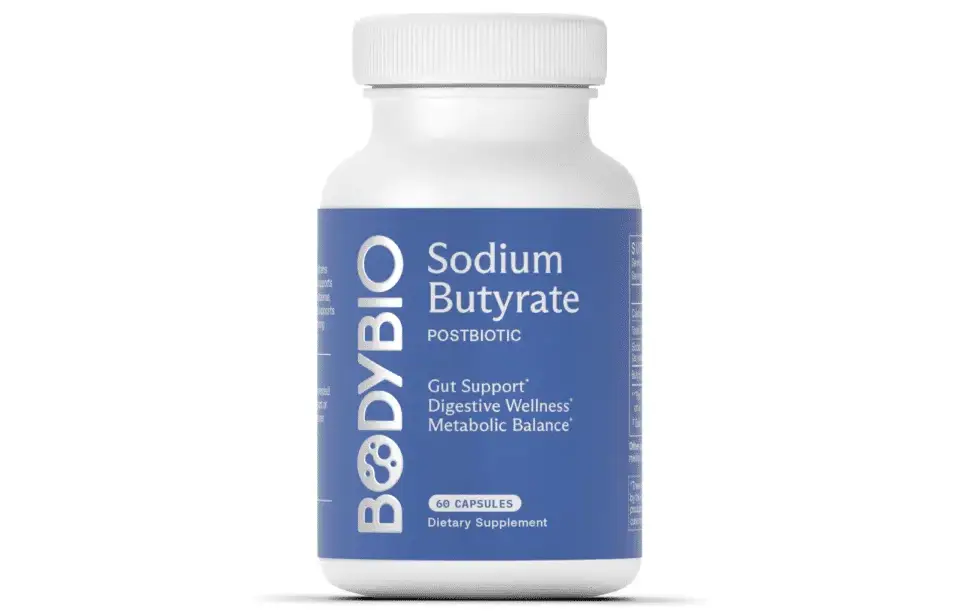 A white bottle labeled "Butyrate: Gut Health Supplement," containing 60 capsules, formulated to support gut health, digestive wellness, and metabolic balance with this essential butyrate postbiotic.