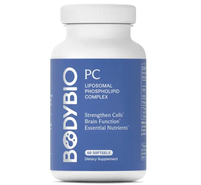 A white bottle of BodyBio PC (Phospholipid Complex) dietary supplement with 60 softgels, supporting cell, brain, and nutrient health with essential phospholipids.