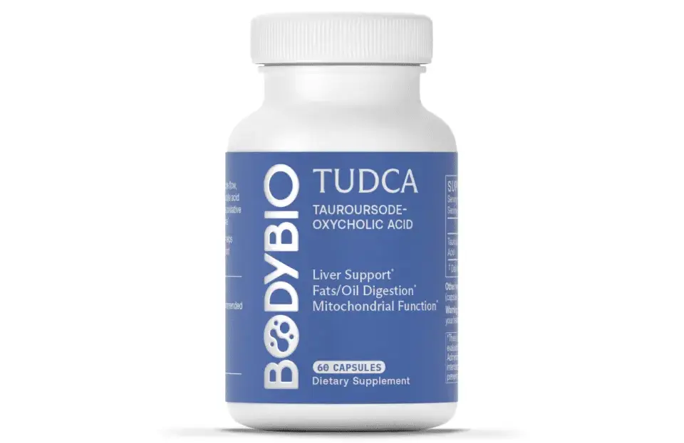A white bottle labeled "TUDCA: Liver Health Supplement" contains 60 capsules designed to support liver health, digestion, and mitochondrial function.