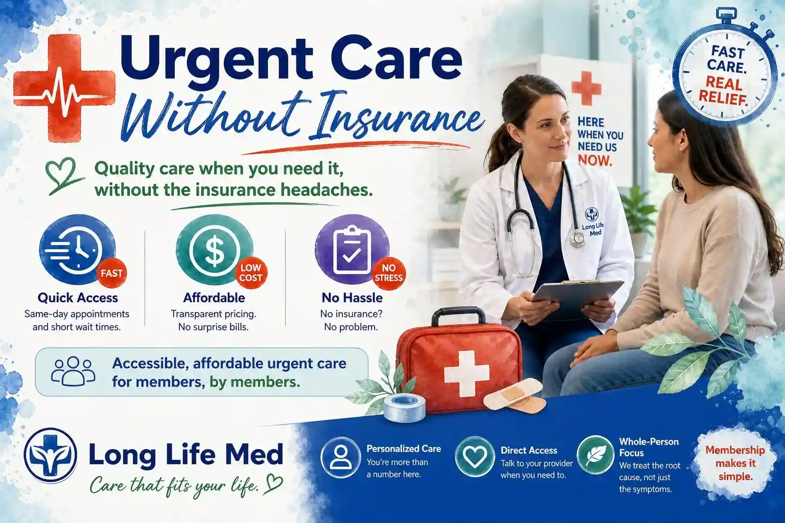 A doctor talks to a patient in a clinic, emphasizing the urgent care services provided by Long Life Med. The text highlights how patients can receive affordable and personalized care—without insurance—and benefit from quick access to treatment through Urgent Care.