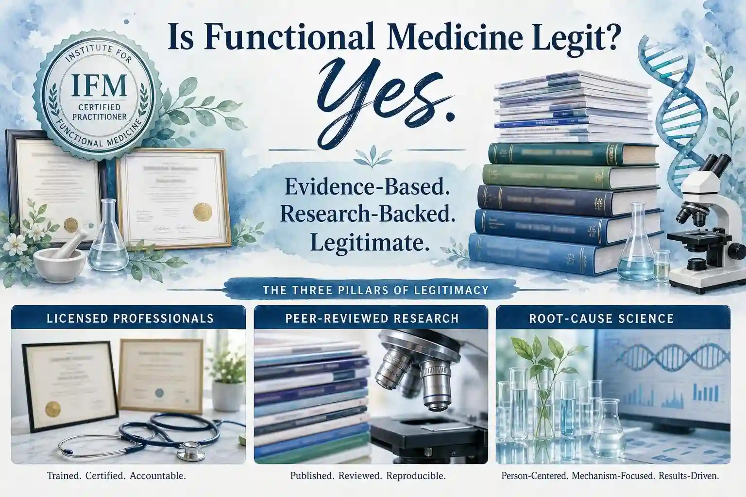 Infographic promoting Functional Medicine, featuring certificates, books, and a microscope, highlighting licensed professionals, peer-reviewed research, and root-cause science as pillars of legitimacy within the field of Functional Medicine.