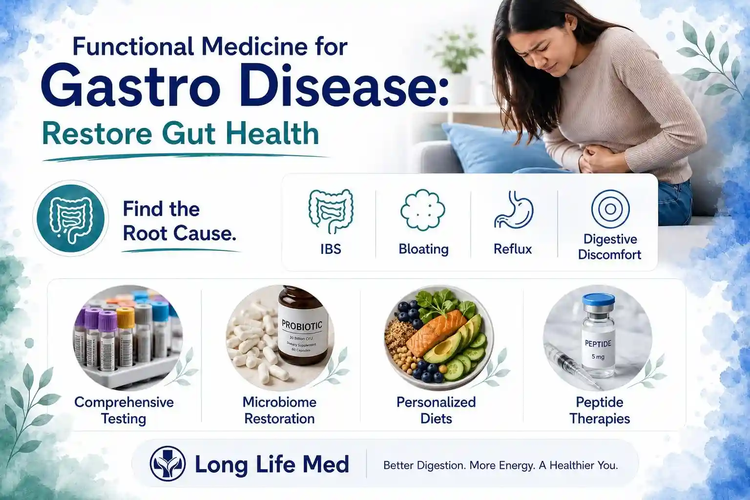 A woman holds her stomach in discomfort; the image lists symptoms of gastro disease and offers solutions like Functional Medicine for Gastro Disease, including testing, probiotics, personalized diet plans, and therapies, all branded by Long Life Med clinic.