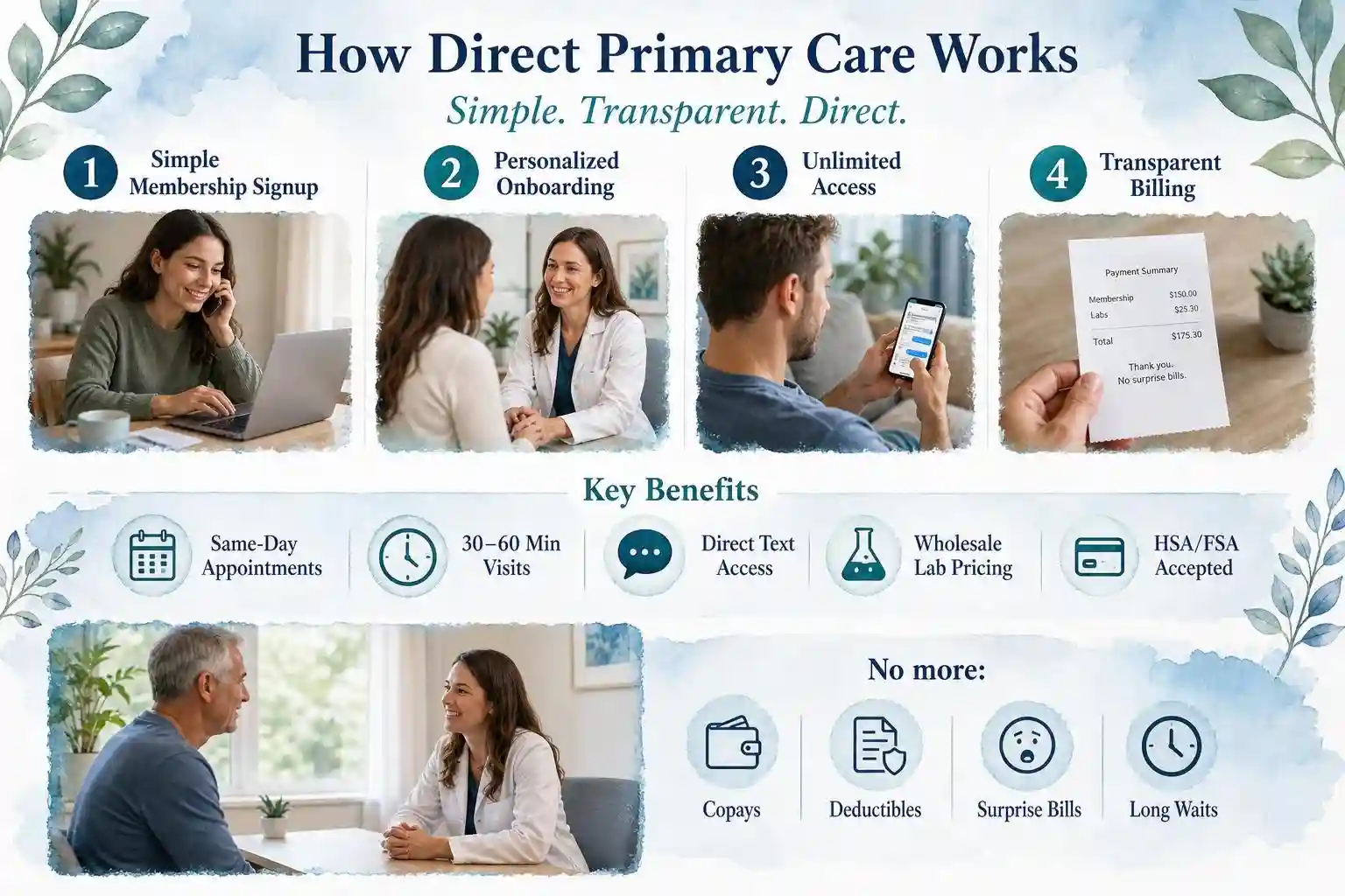 Infographic explaining how Direct Primary Care Works with photos of doctor visits, onboarding, billing, and icons for benefits like unlimited access, no copays, and same-day appointments.