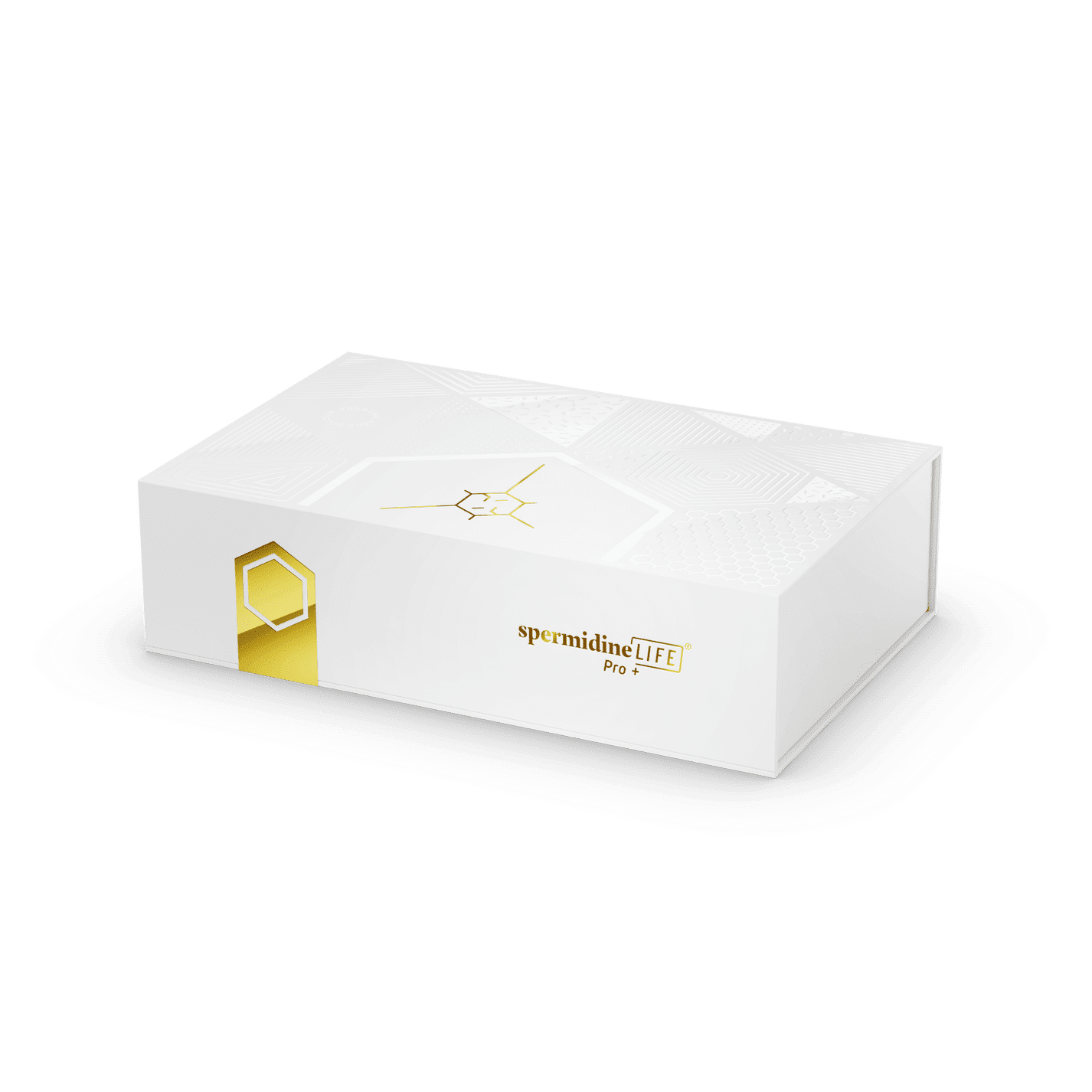 A rectangular white box labeled "spermidineLIFE® Pro+ 4300mg 30-Pack" with gold accents sits on a plain white background, highlighting this premium spermidine supplement.