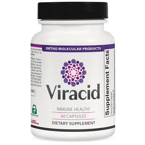 A white bottle labeled "Viracid" dietary supplement, containing 60 capsules, designed to support immune health by Ortho Molecular Products.
