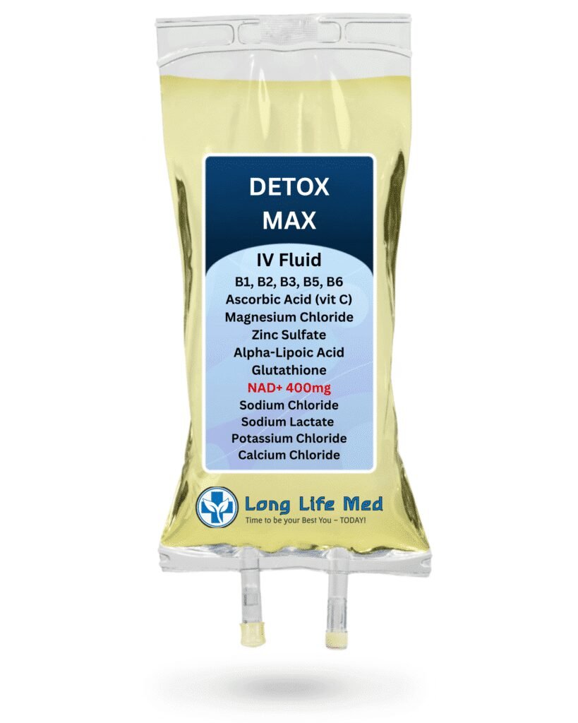 Detox Support Max IV drip bag label with NAD+ 400mg at Long Life Med in Las Vegas.