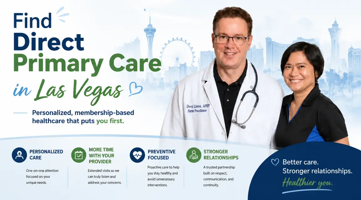 Two healthcare professionals stand in front of a blue Las Vegas skyline, promoting Direct Primary Care services with text highlighting personalized and preventive care benefits.