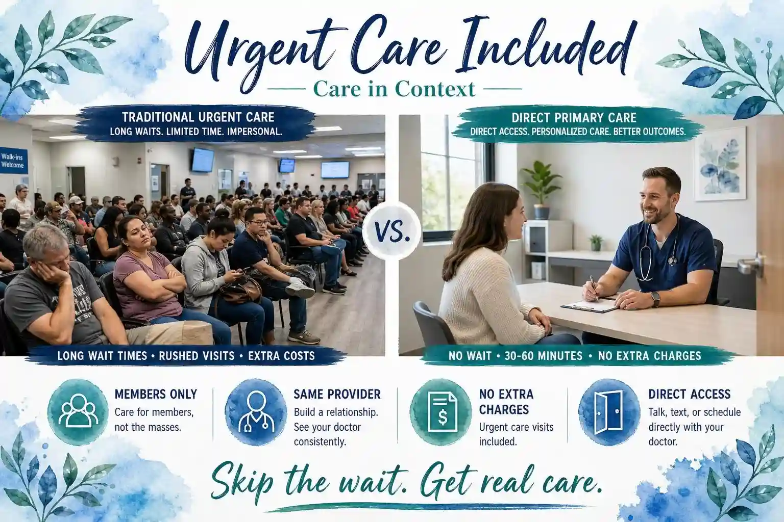 Comparison of traditional Urgent Care with long waits and extra costs versus direct primary care with no waits, a consistent provider, and no extra charges; includes images of an Urgent Care waiting room and a direct primary care doctor visit.