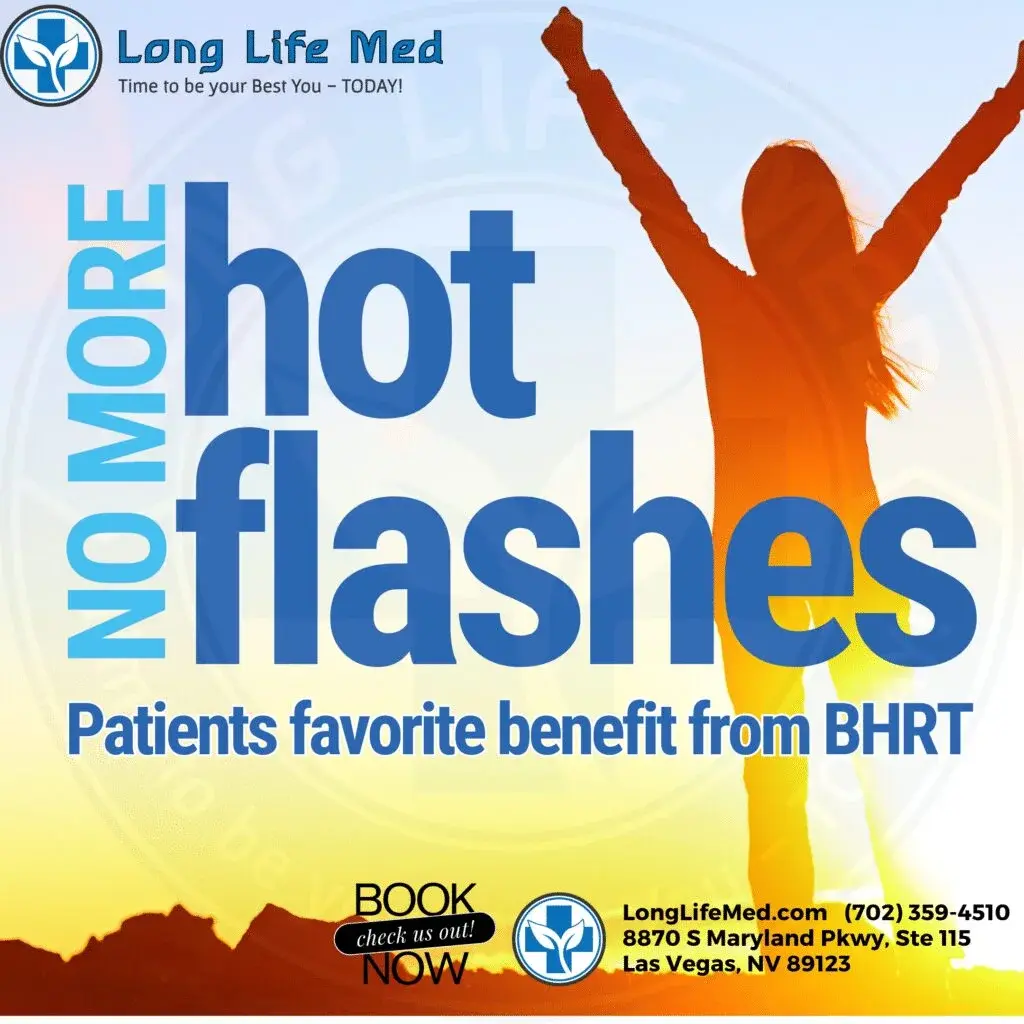 Silhouette of a woman with raised arms overlaid with text promoting relief from hot flashes and BHRT for Women’s Health at Long Life Med clinic in Las Vegas, NV, with contact information.