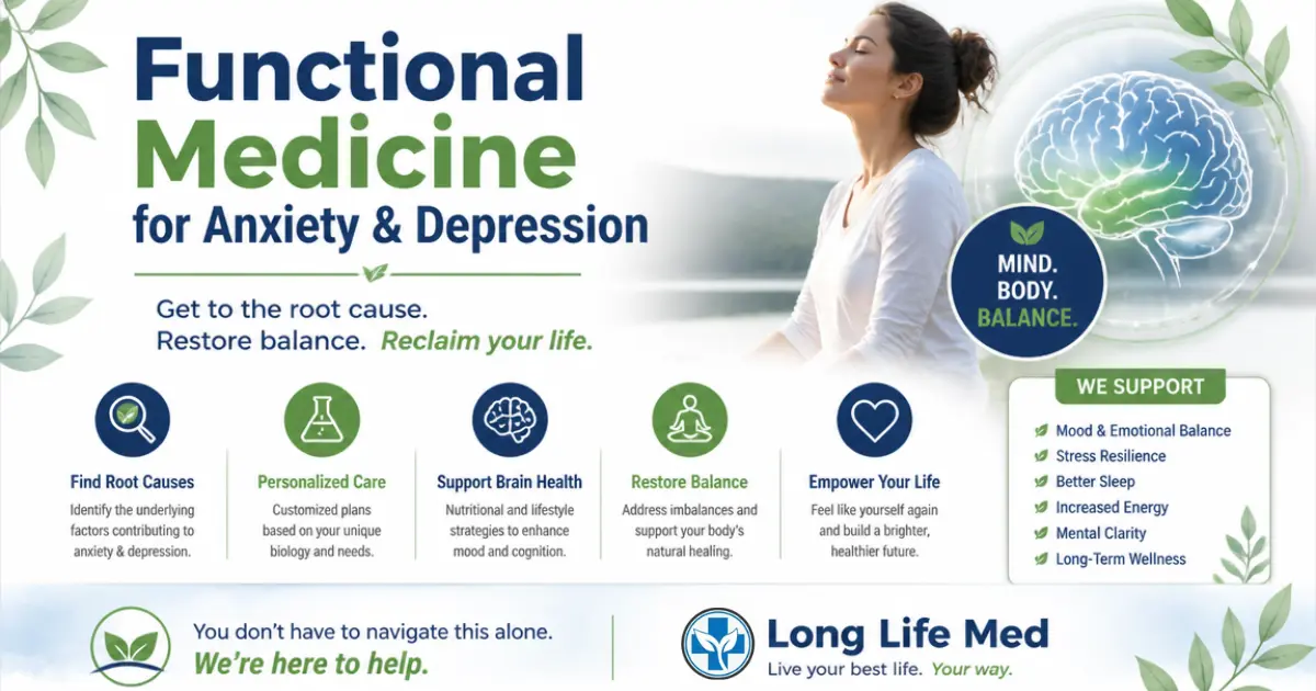 Woman sitting outdoors with eyes closed and hands on knees, promoting medicine for anxiety and depression with icons and text about holistic health support and services.