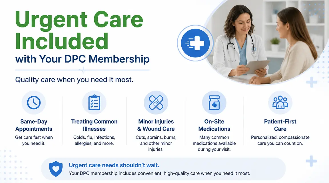 A healthcare professional consults with a patient; icons highlight DPC Membership benefits like urgent care, same-day appointments, illness treatment, wound care, medications, and a patient-first approach.