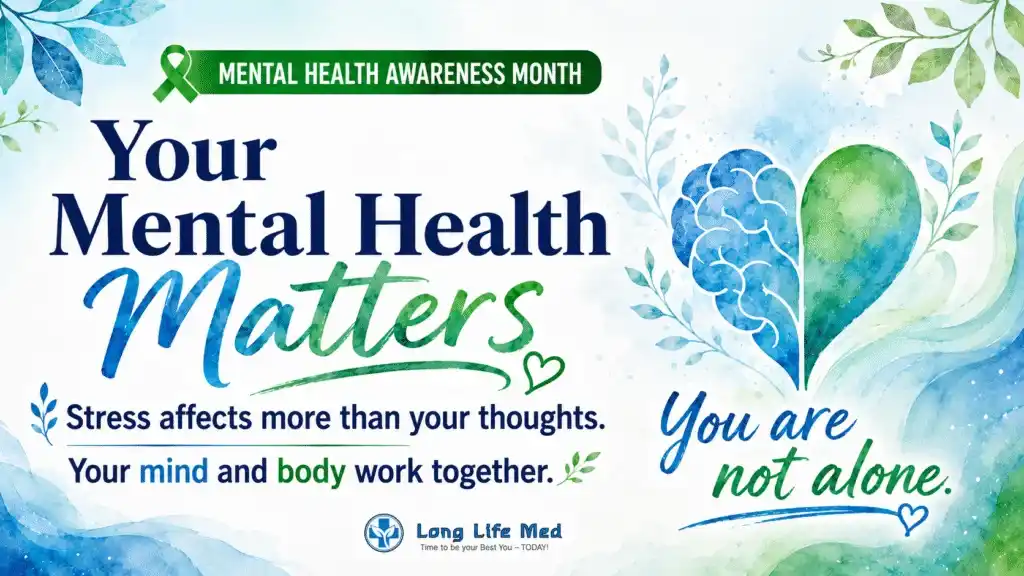 Mental Health Awareness Month poster stating "Your Mental Health Matters," with messages about stress and support, blue and green tones, heart and brain illustrations highlighting mental health awareness, and Long Life Med logo.