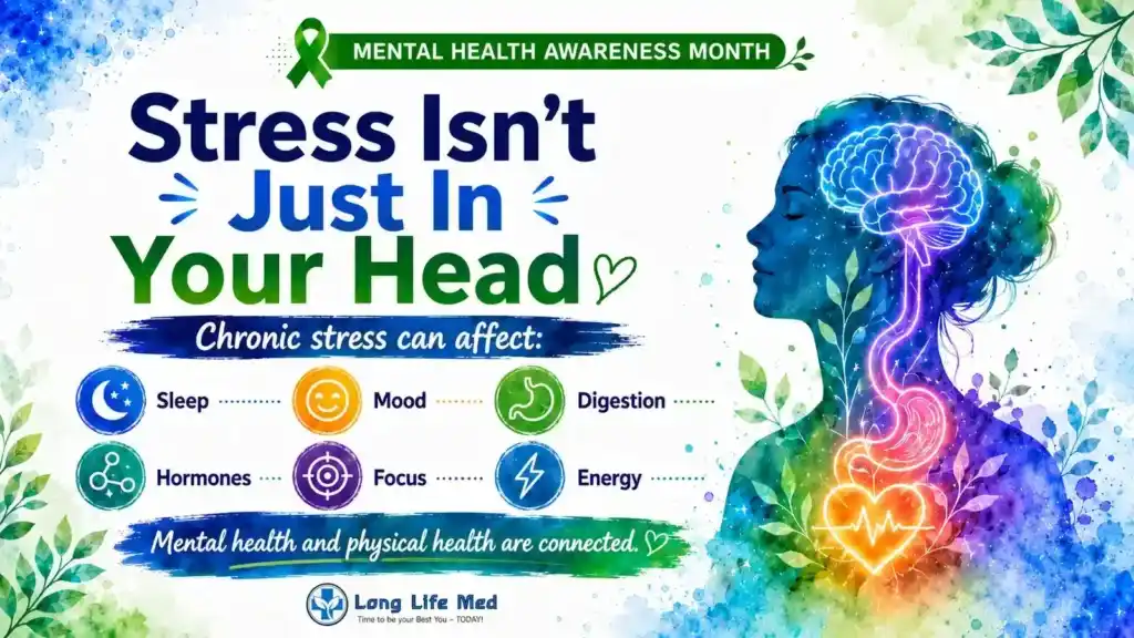 An illustrated poster about mental health awareness, showing how chronic stress affects sleep, mood, digestion, hormones, focus, and energy—highlighting the connection between stress and hormone health—with an artistic outline of a woman’s head.