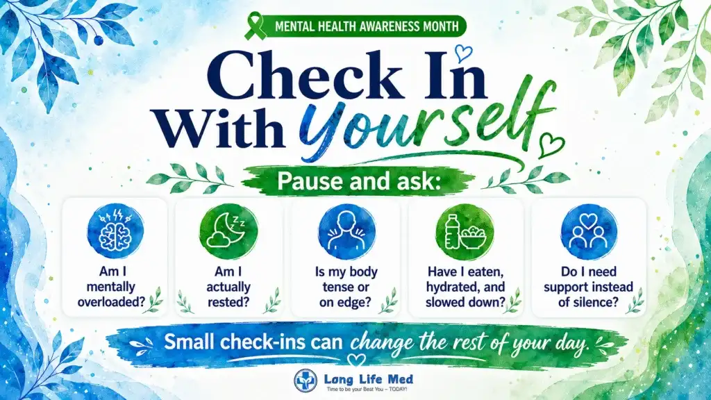 Mental Health Awareness Month graphic with self-check questions about stress, rest, tension, eating, and support—reminding us that stress affects the body and impacts both mental and physical health. Encourages small daily check-ins for better overall well-being.