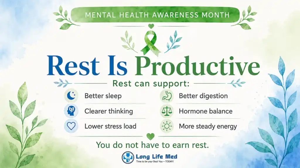 Infographic for Mental Health Awareness Month stating “Rest Is Productive” and listing benefits like better sleep, clearer thinking, lower stress, better digestion, hormone balance, steady energy, and improved mental health. Featuring a focus on stress and hormone health as well as nervous system recovery to highlight the importance of taking time to rest.
