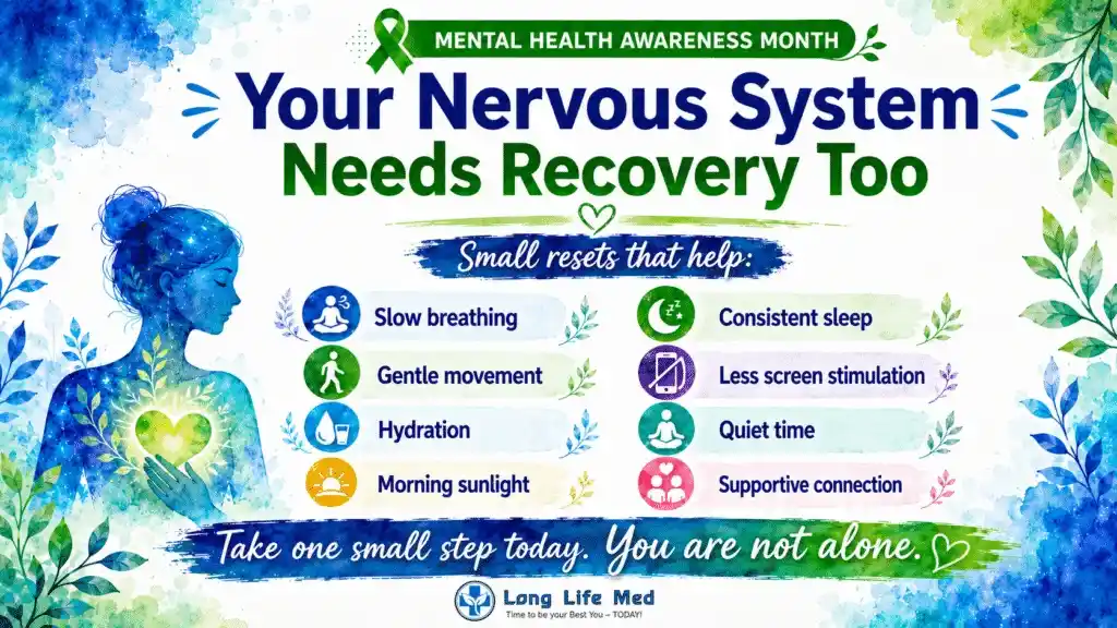 Mental Health Awareness Month poster highlighting how mental health and stress affects the body, featuring tips to help the nervous system recover—such as breathing, movement, hydration, sunlight, quality sleep, less screen time, quiet moments, and meaningful connection.