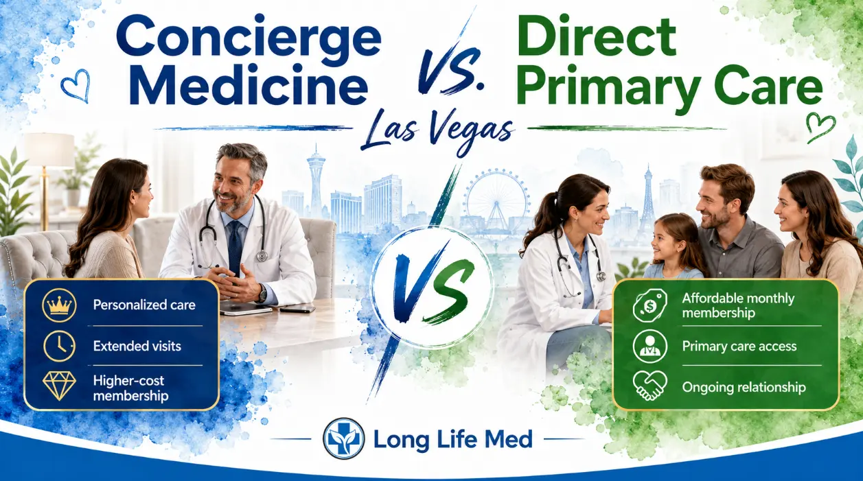 Comparison graphic of Concierge Medicine vs. Direct Primary Care, highlighting key features as doctors consult with patients, set against a vibrant Las Vegas cityscape in the background.