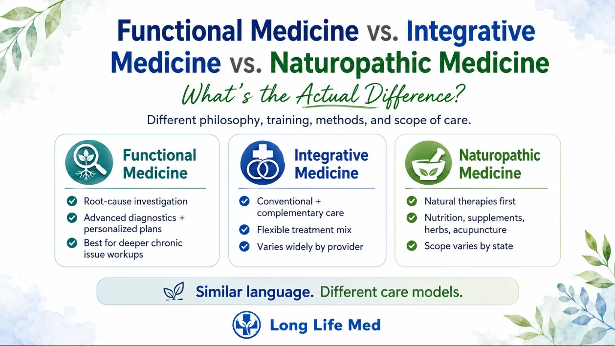 Infographic comparing Functional, Integrative, and Naturopathic Medicine by philosophy, methods, and scope; highlights differences in care models—including Direct Primary Care and Concierge Medicine approaches—in Las Vegas.