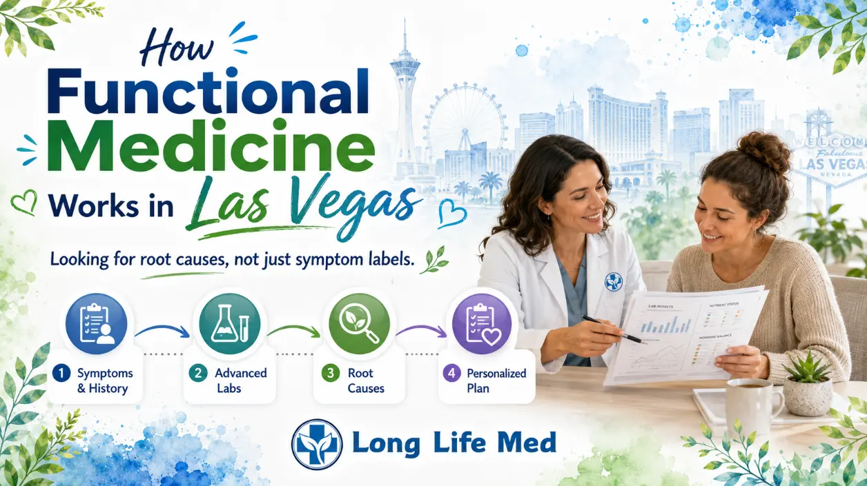 Two women review health charts with the Las Vegas skyline behind them; an infographic explains Long Life Med’s four-step functional medicine and Concierge Medicine approach.