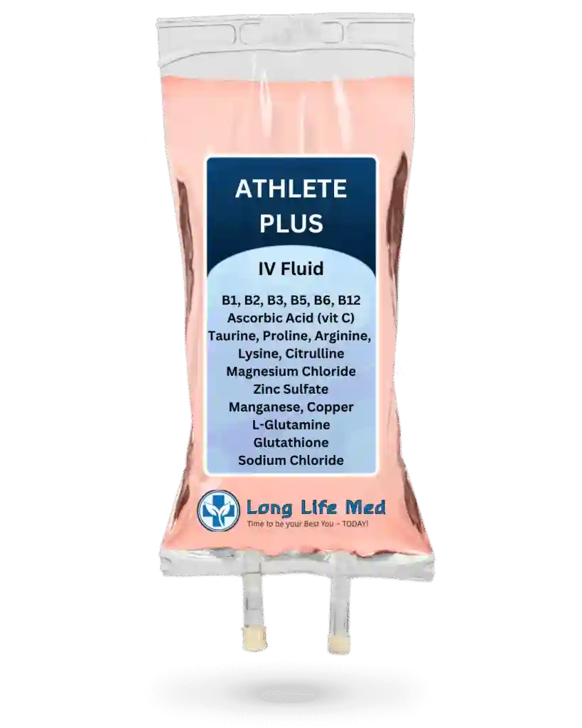 Clear IV bag labeled "ATHLETE PLUS IV Fluid" with a list of vitamins, amino acids, minerals, and electrolytes featured prominently; highlights the benefits of regenerative medicine. Long Life Med logo appears at the bottom.