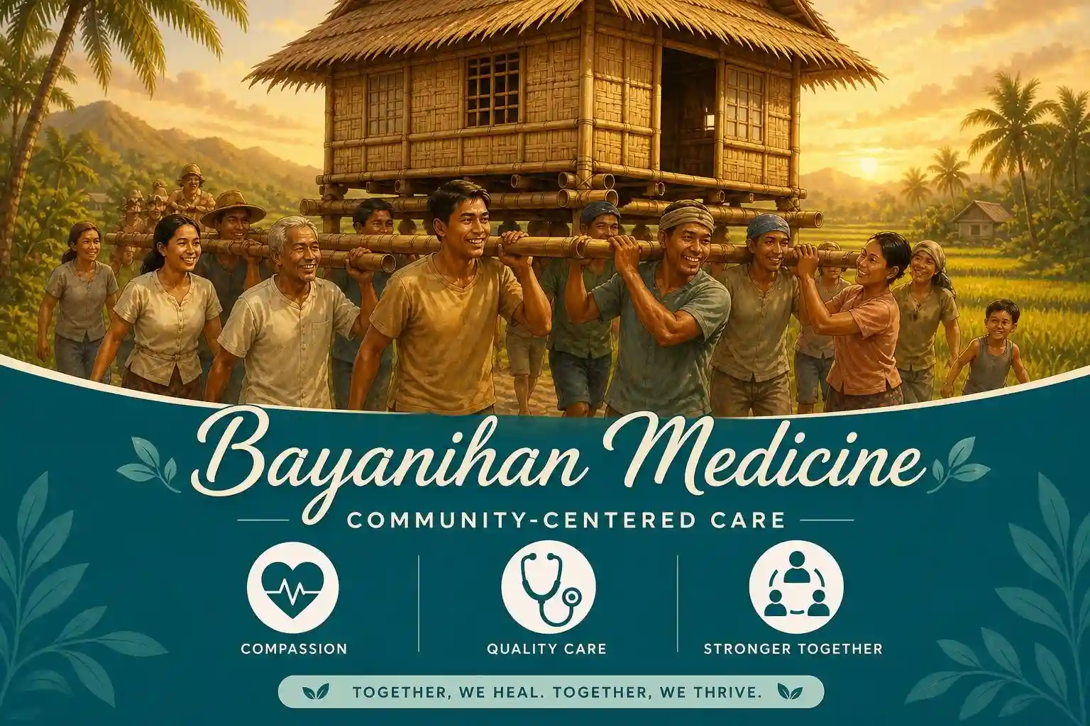 A group of people carry a wooden house in a rural field, exemplifying the spirit of Bayanihan Medicine. Text reads “Bayanihan Medicine: Community-Centered Care” with icons for compassion, quality care, and strength together, highlighting the enduring influence of Filipino Roots.