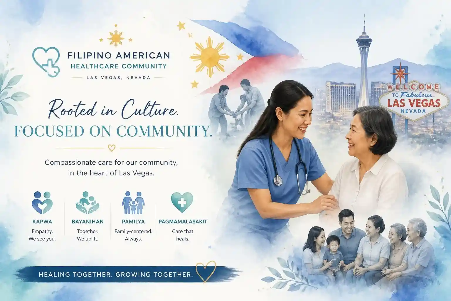 A nurse smiles at an elderly woman; background shows the Philippine flag, Las Vegas sign, and healthcare scenes. Text highlights Filipino American healthcare values and the strong sense of Filipino healthcare in Las Vegas, emphasizing community care.