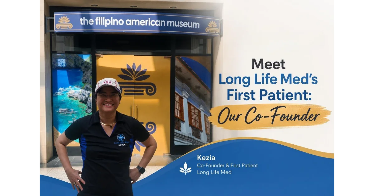 A woman in a Long Life Med shirt and cap stands smiling outside the Filipino American Museum. Text introduces her as Kezia, co-founder and first patient of Long Life Med.