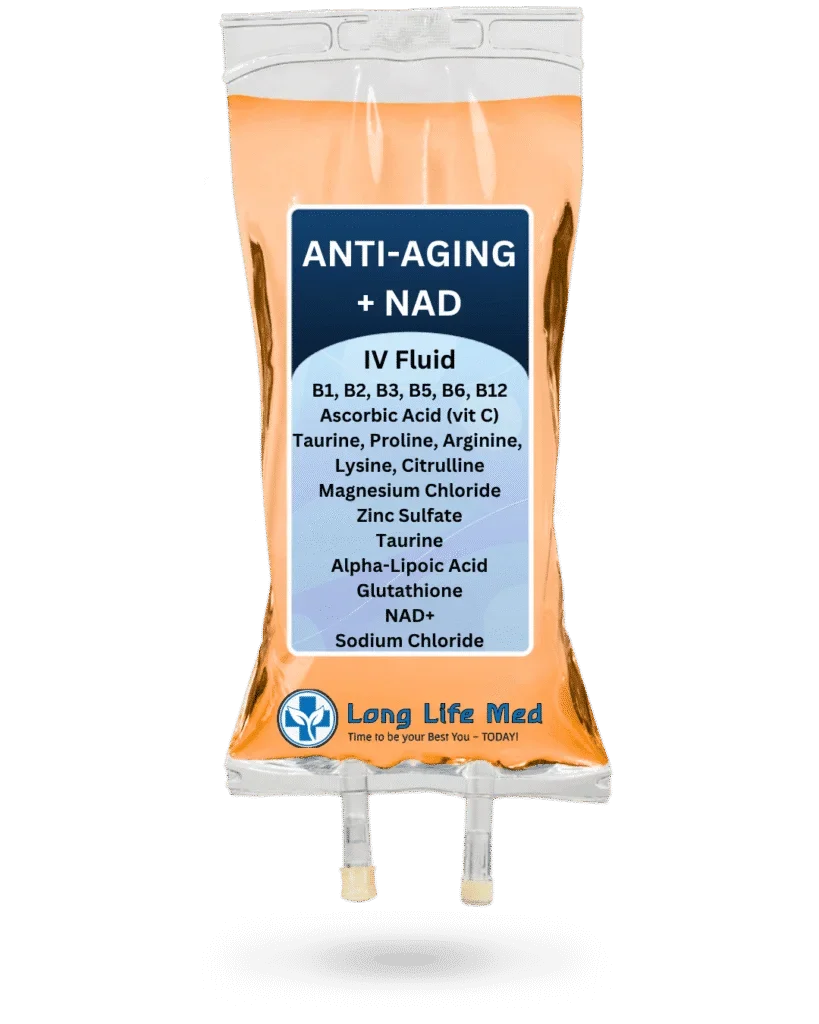 A clear IV fluid bag labeled “ANTI-AGING + NAD” with a list of ingredients, including Myers Cocktail, and the Long Life Med logo — highlighting the benefits of advanced IV Therapy.