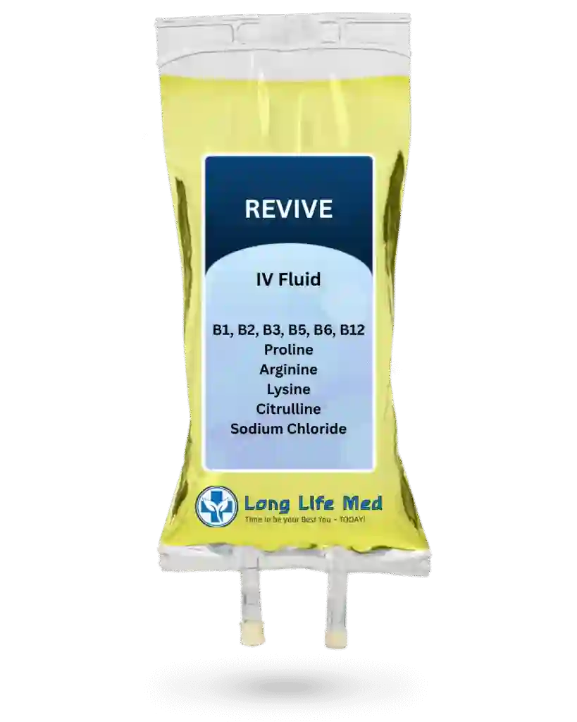 A clear IV fluid bag labeled "REVIVE" containing B vitamins, proline, arginine, lysine, citrulline, and sodium chloride by Long Life Med—a formulation inspired by the principles of regenerative medicine.