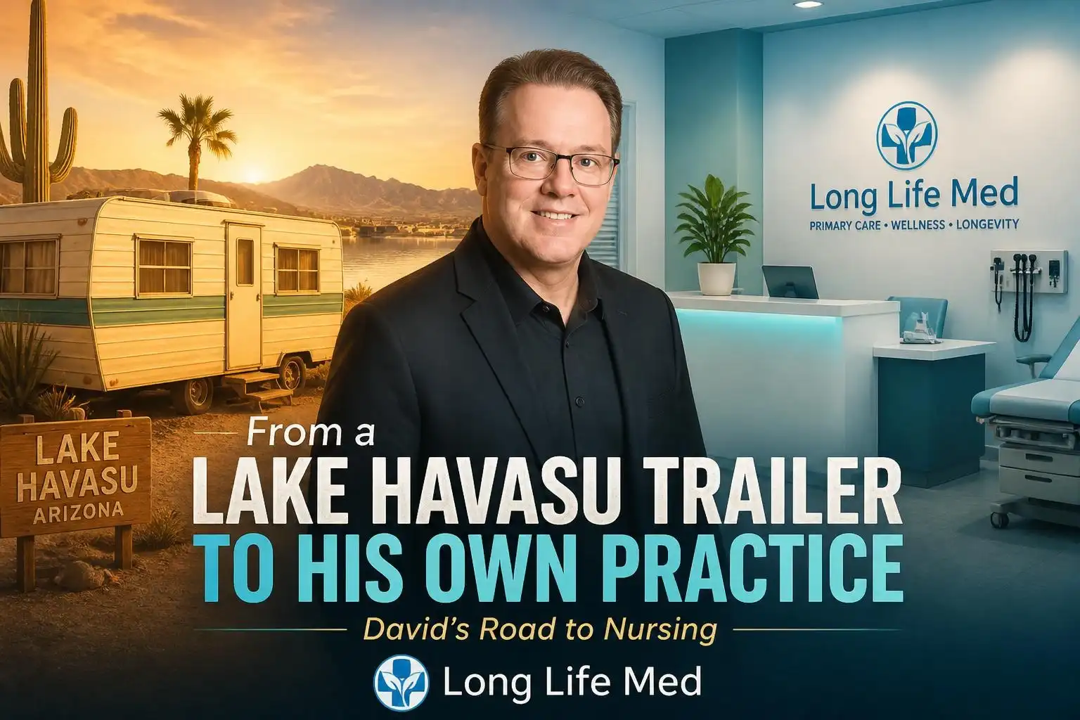 A man stands in front of a medical office; text reads, “From a Lake Havasu trailer to his own nursing practice—David’s road to nursing. Long Life Med.”.